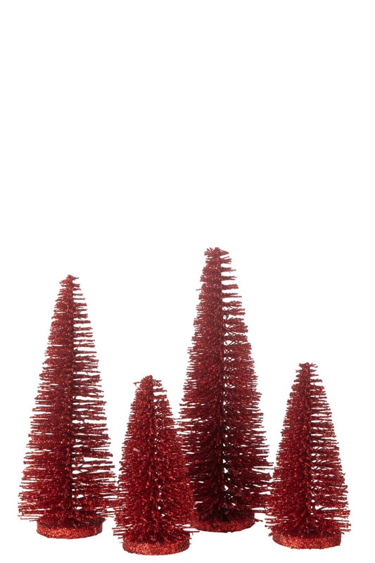 Box Of 4 Christmas Tree Deco Glitters Plastic Red