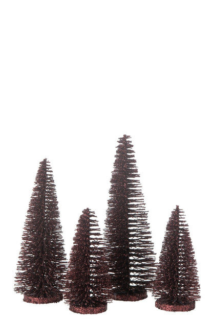 Box Of 4 Christmas Tree Deco Glitters Plastic Burgundy