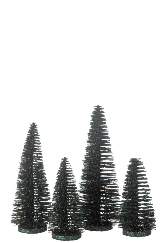 Box Of 4 Christmas Tree Deco Glitters Plastic Dark Green
