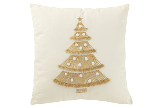 Cushion Christmas Tree Fringes+Pompoms Cotton White/Gold