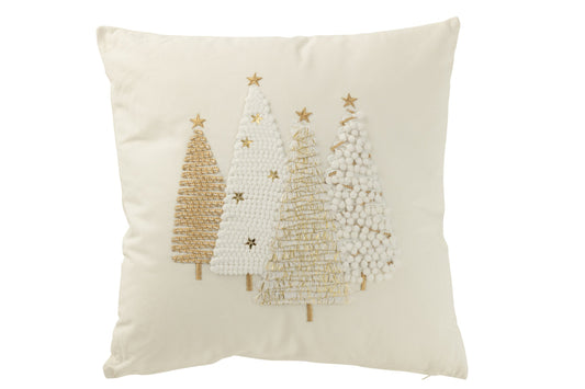Cushion Christmas Trees Embossed Cotton White/Gold