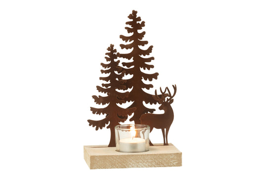 Theelichthouder 1 Stuk Rendieren Bomen Metaal/Hout Bruin
