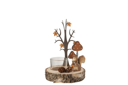 Theelichthouder Eekhoorn/Boom Hout/Metaal Naturel/Oranje