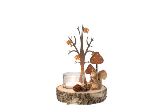Theelichthouder Eekhoorn/Boom Hout/Metaal Naturel/Oranje