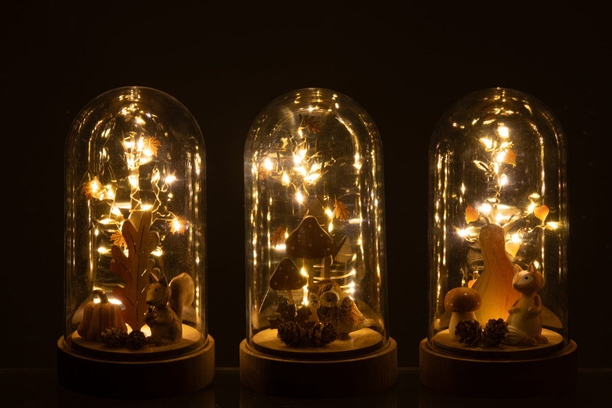 Bell Jar Fox/Owl/Squirrel LED Wood/Plastic Natural/Orange Assorment Of 3
