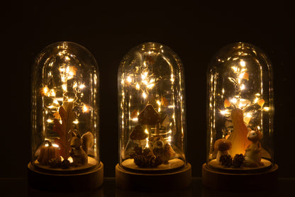 Bell Jar Fox/Owl/Squirrel LED Wood/Plastic Natural/Orange Assorment Of 3