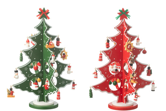 Xmas Tree+Figurines Foldable Wood Red/Green Assortment Of 2
