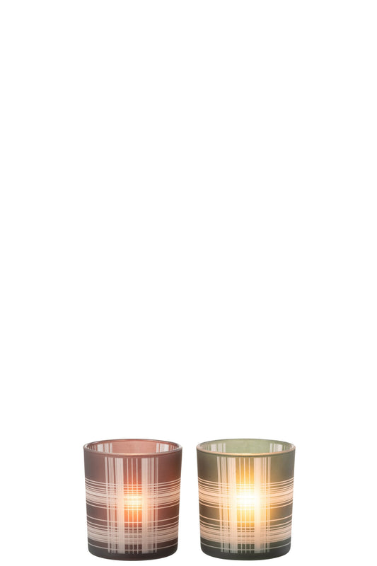 T-Lichthouder Geruit Glas Mat Bruin/Groen Small Assortiment Van 2