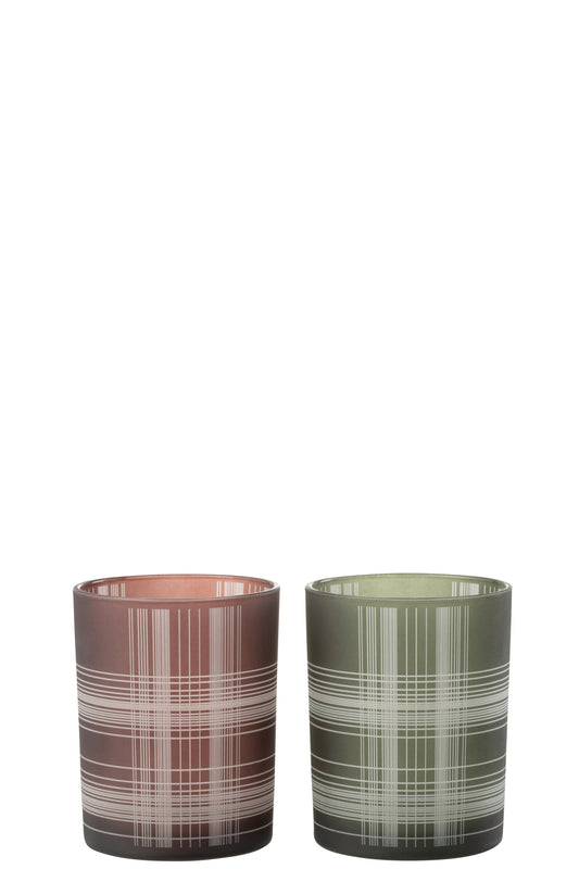 Windlicht Geruit Glas Mat Bruin/Groen Medium Assortiment Van 2
