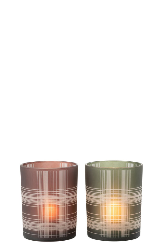 Windlicht Geruit Glas Mat Bruin/Groen Medium Assortiment Van 2