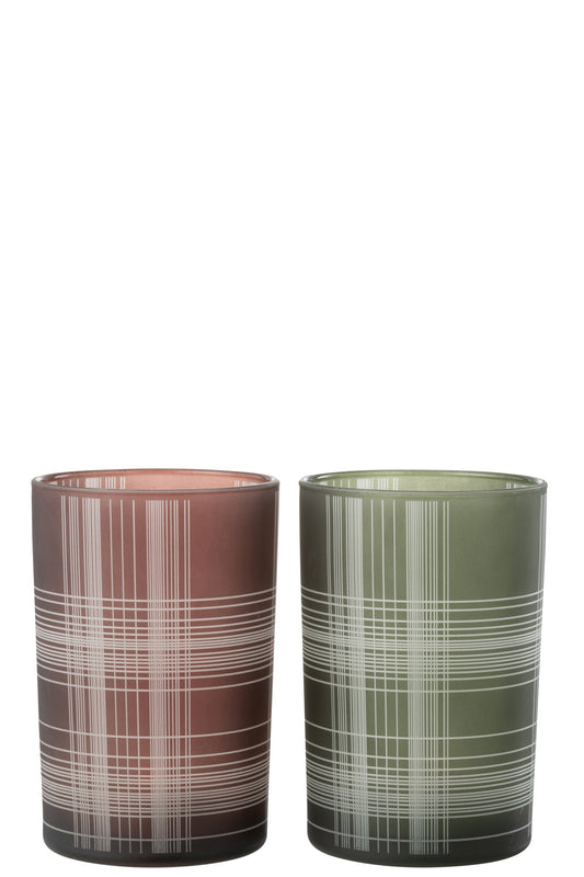 Windlicht Geruit Glas Mat Bruin/Groen Large Assortiment Van 2