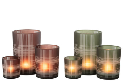 Windlicht Geruit Glas Mat Bruin/Groen Large Assortiment Van 2