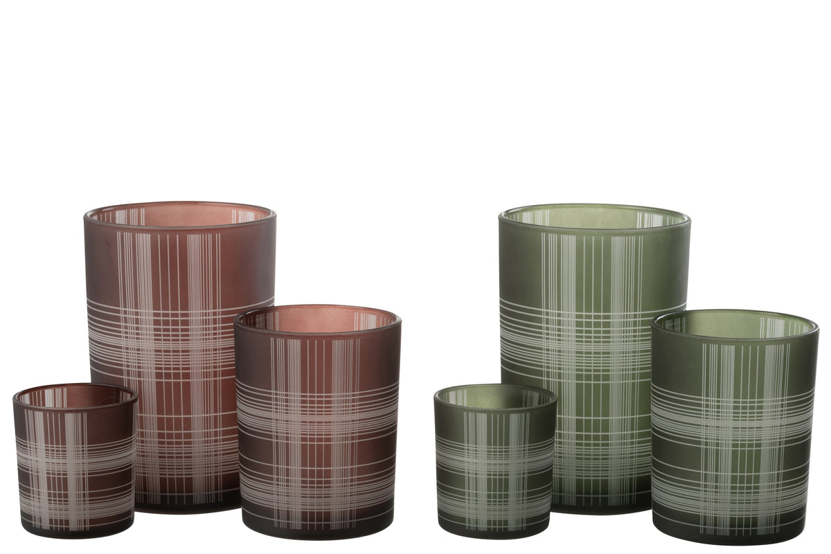 Windlicht Geruit Glas Mat Bruin/Groen Large Assortiment Van 2