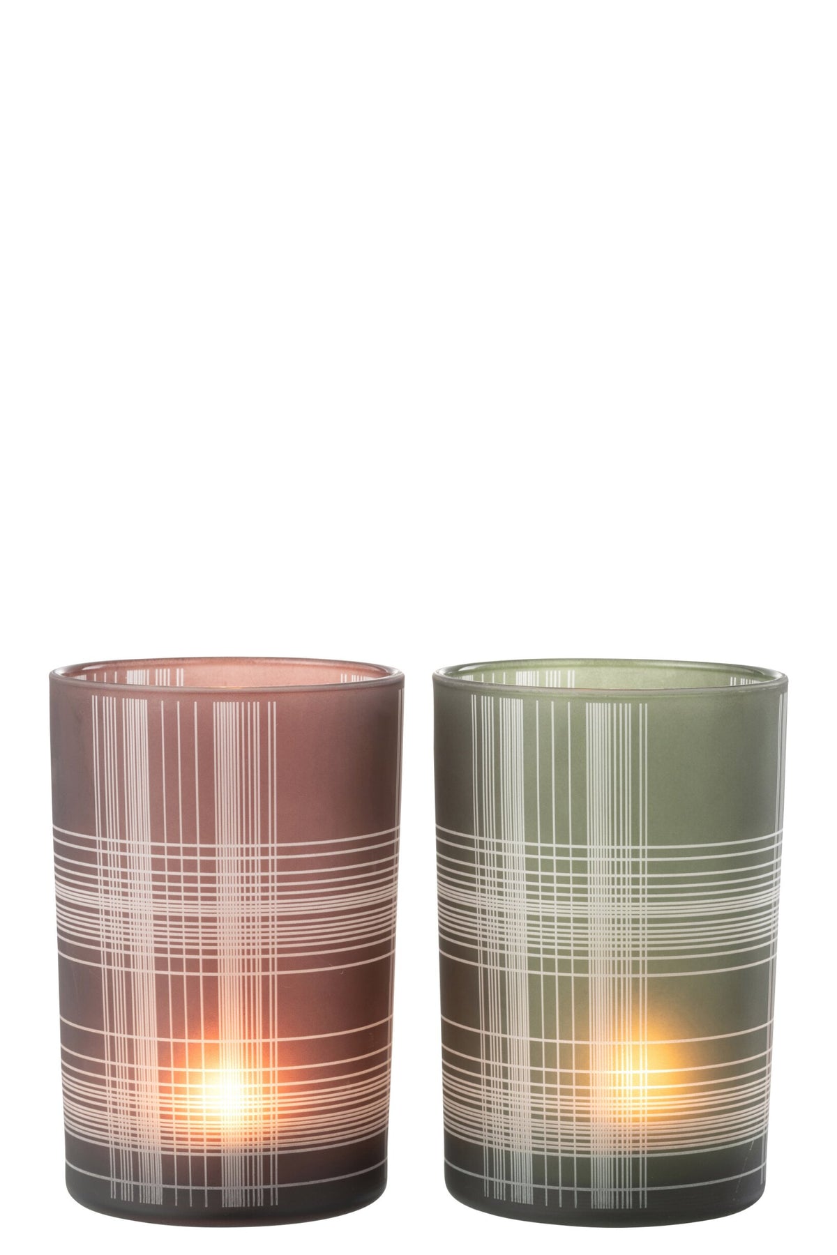 Windlicht Geruit Glas Mat Bruin/Groen Large Assortiment Van 2