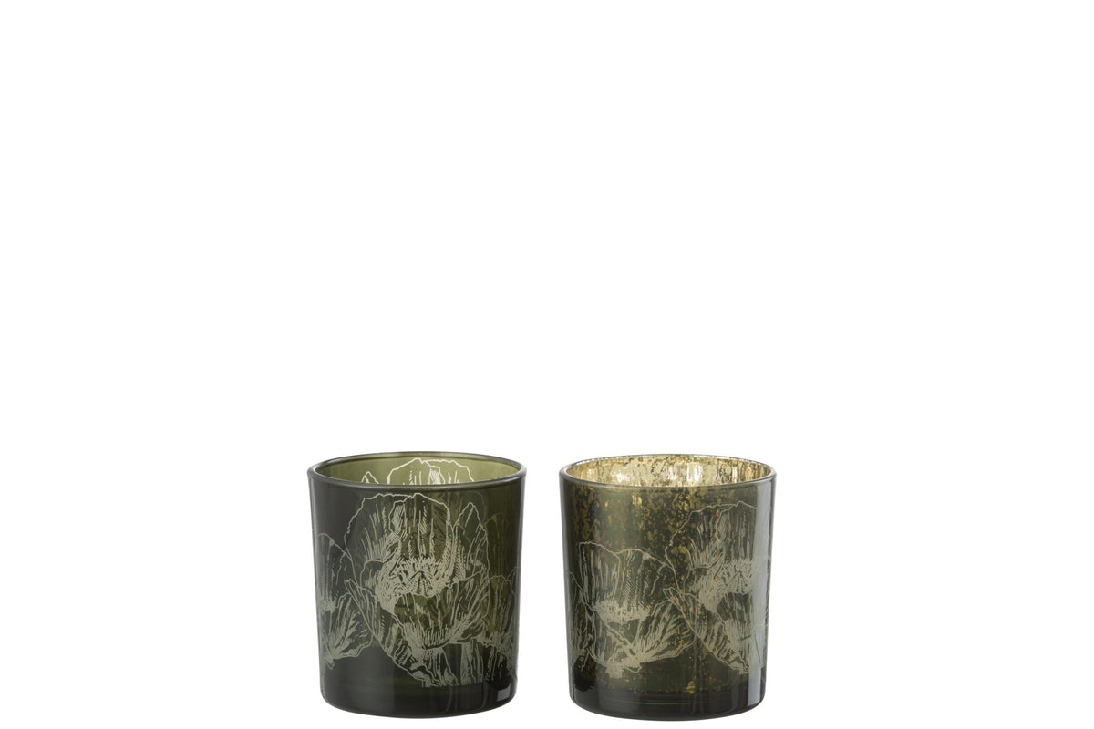 T-Lichthouder Bloemen Glas Kaki Groen/Antiek Kaki Groen Small Assortiment Van 2