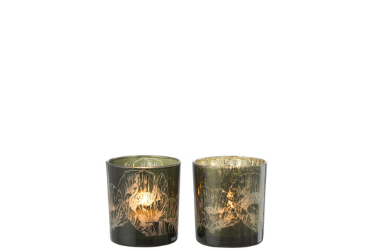 T-Lichthouder Bloemen Glas Kaki Groen/Antiek Kaki Groen Small Assortiment Van 2