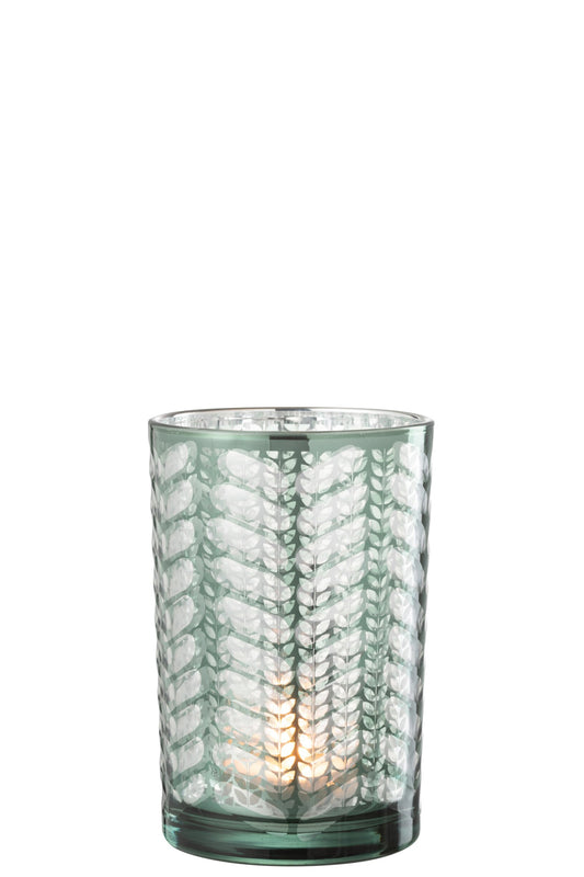 Windlicht Visgraat Glas Groen/Zilver Large