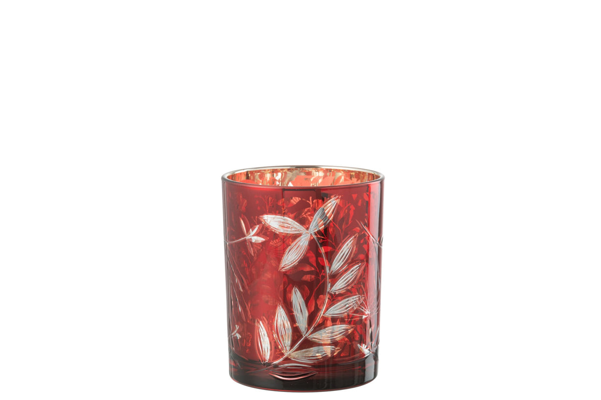 Windlicht Blaadjes Glas Rood/Antiek Goud Medium