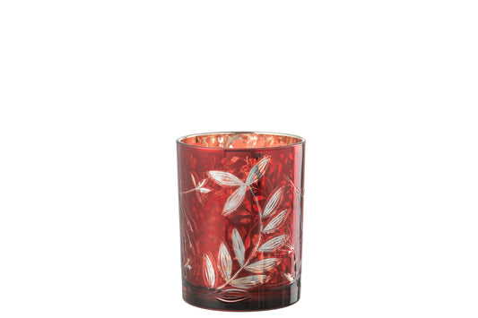 Windlicht Blaadjes Glas Rood/Antiek Goud Medium