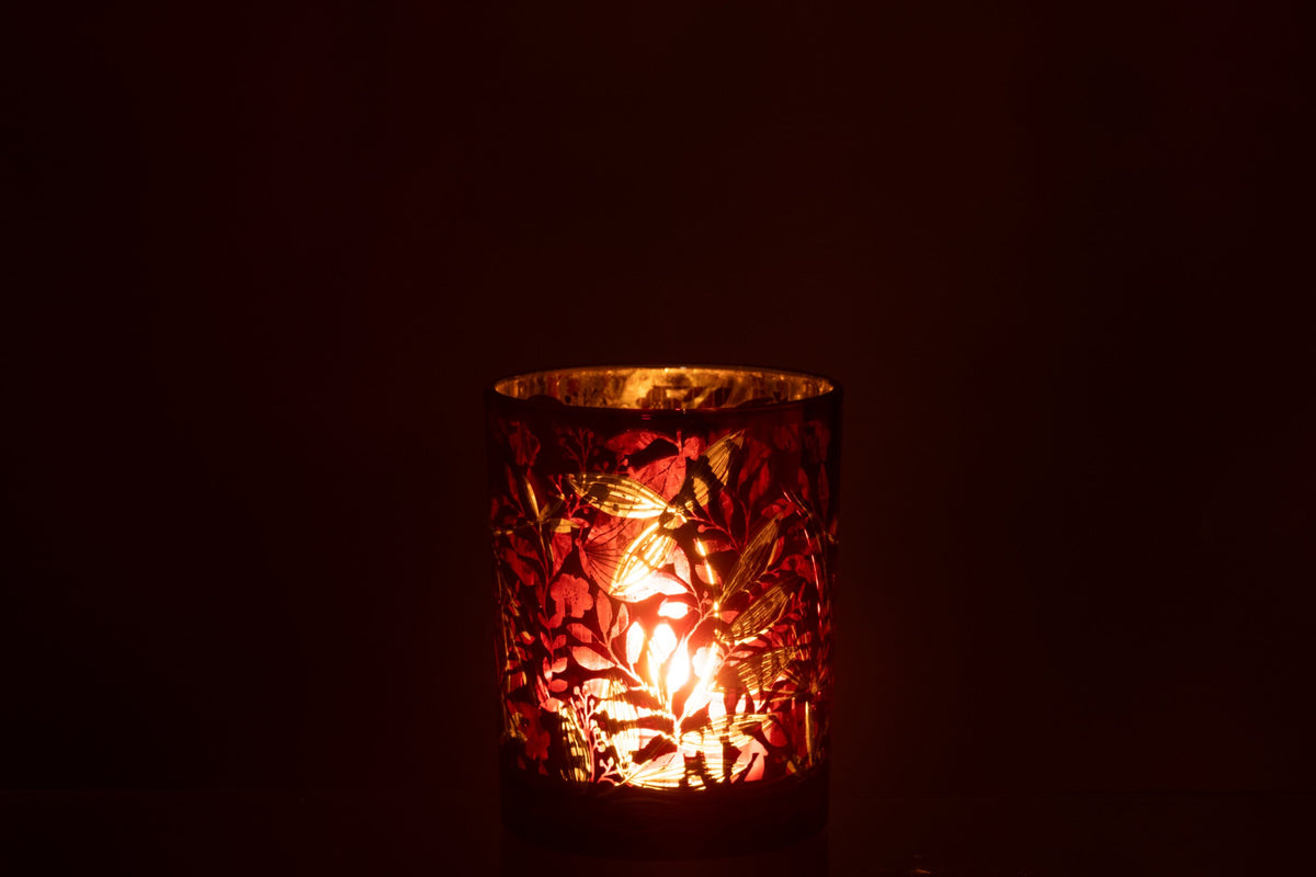 Windlicht Blaadjes Glas Rood/Antiek Goud Medium