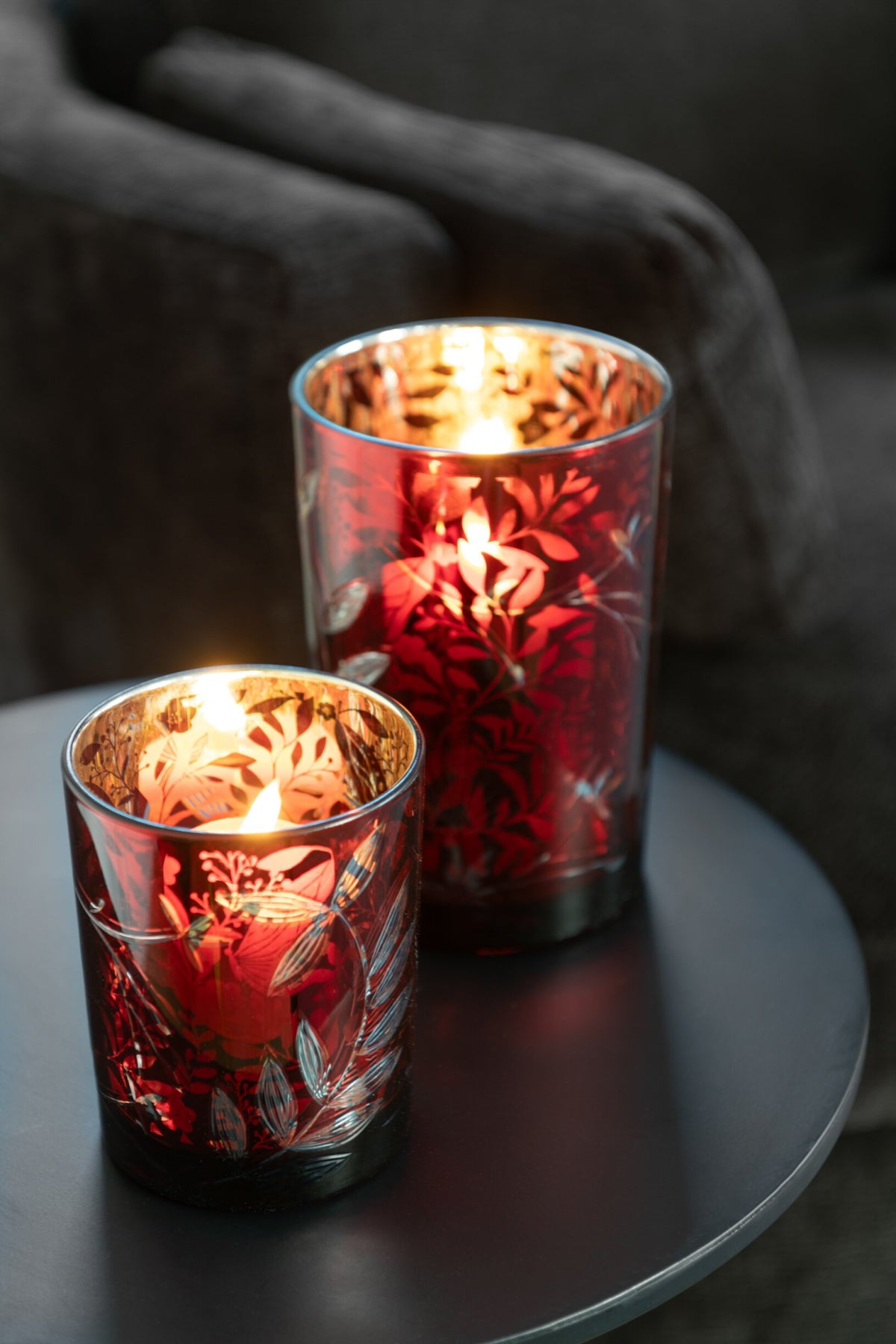 Windlicht Blaadjes Glas Rood/Antiek Goud Medium