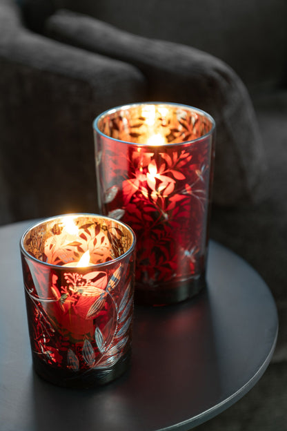 Windlicht Blaadjes Glas Rood/Antiek Goud Medium