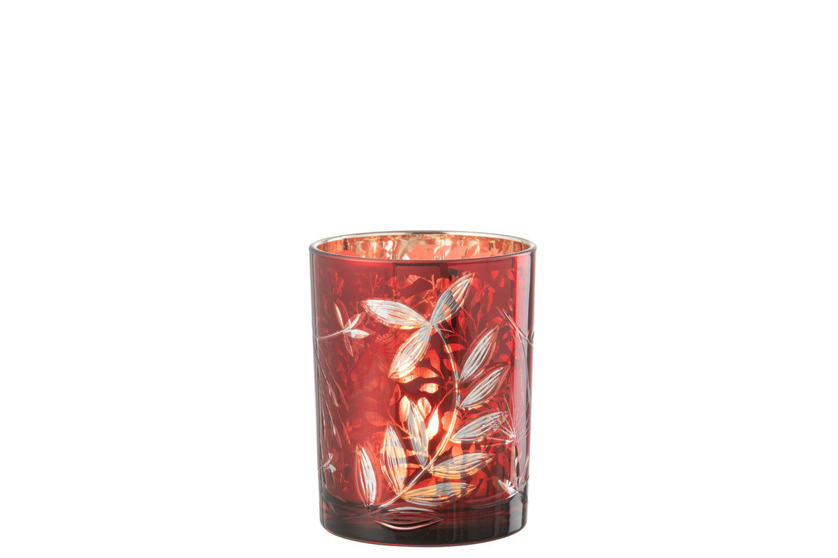 Windlicht Blaadjes Glas Rood/Antiek Goud Medium