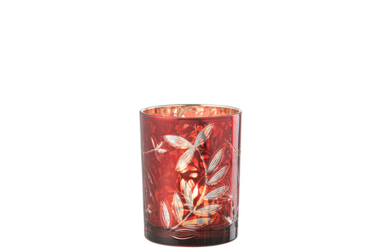Windlicht Blaadjes Glas Rood/Antiek Goud Medium