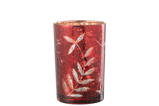 Windlicht Blaadjes Glas Rood/Antiek Goud Large