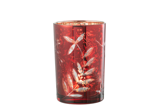 Windlicht Blaadjes Glas Rood/Antiek Goud Large