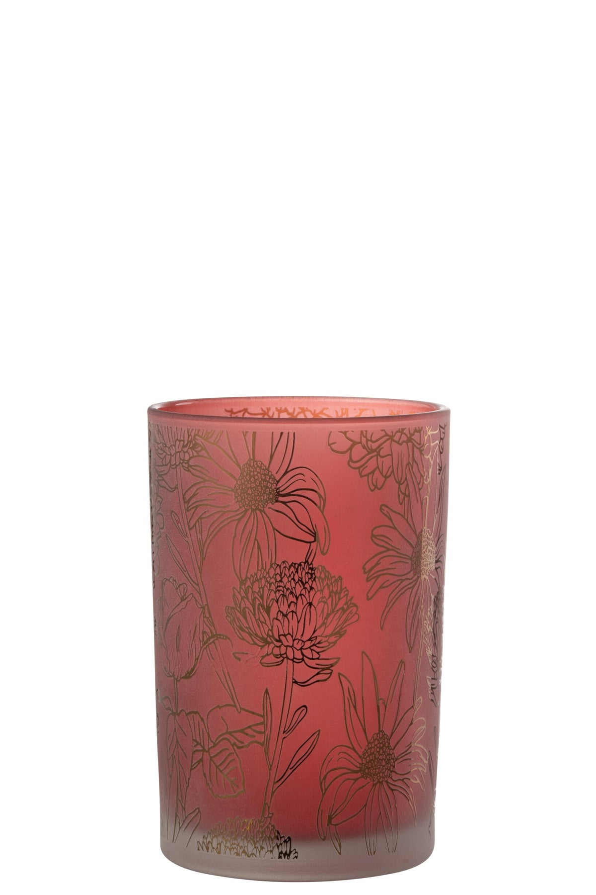 Windlicht Bloemen Glas Mat Rood/Goud Large