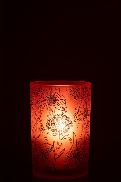 Windlicht Bloemen Glas Mat Rood/Goud Large
