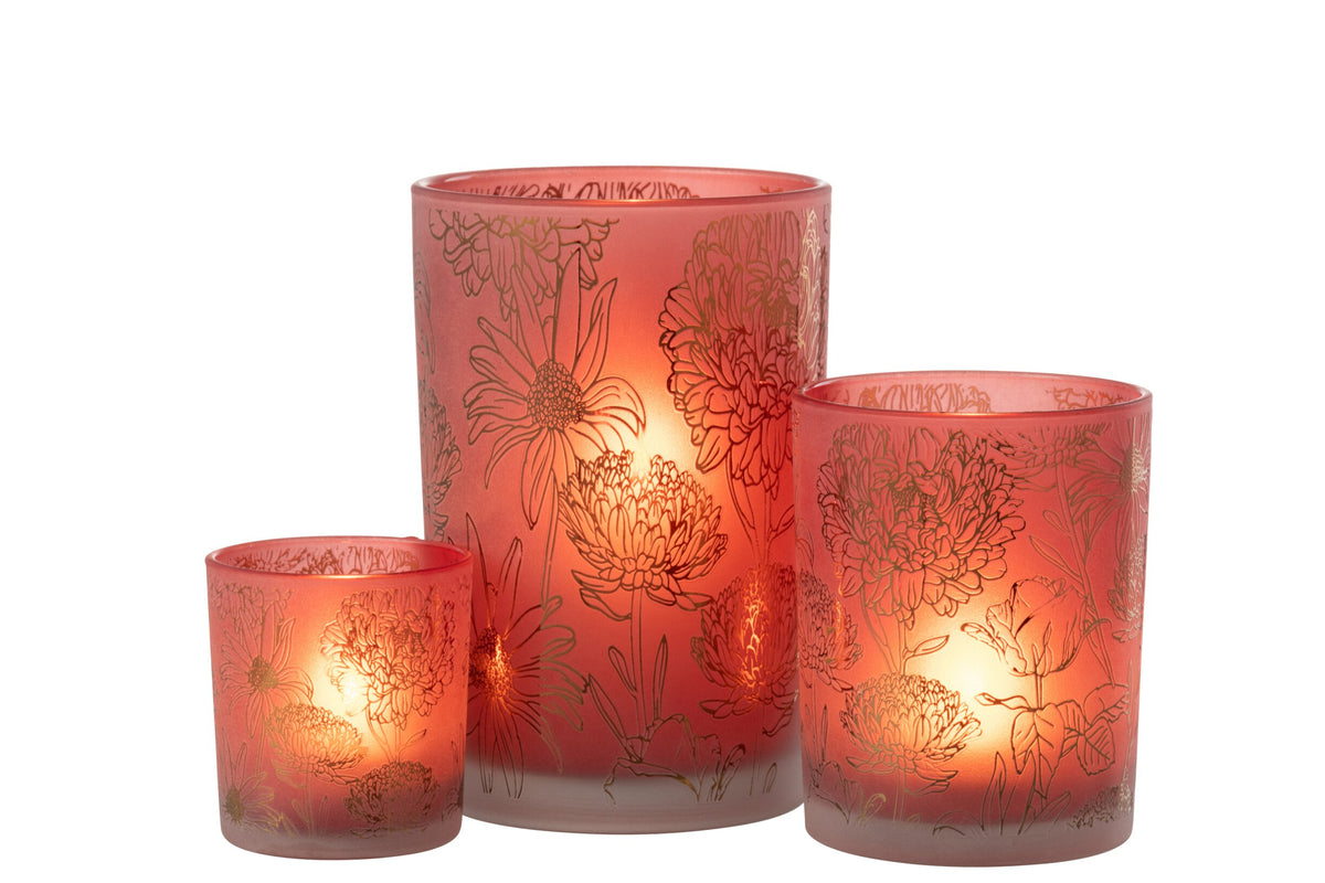 Windlicht Bloemen Glas Mat Rood/Goud Large