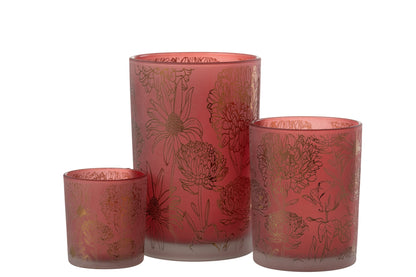 Windlicht Bloemen Glas Mat Rood/Goud Large