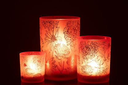 Windlicht Bloemen Glas Mat Rood/Goud Large