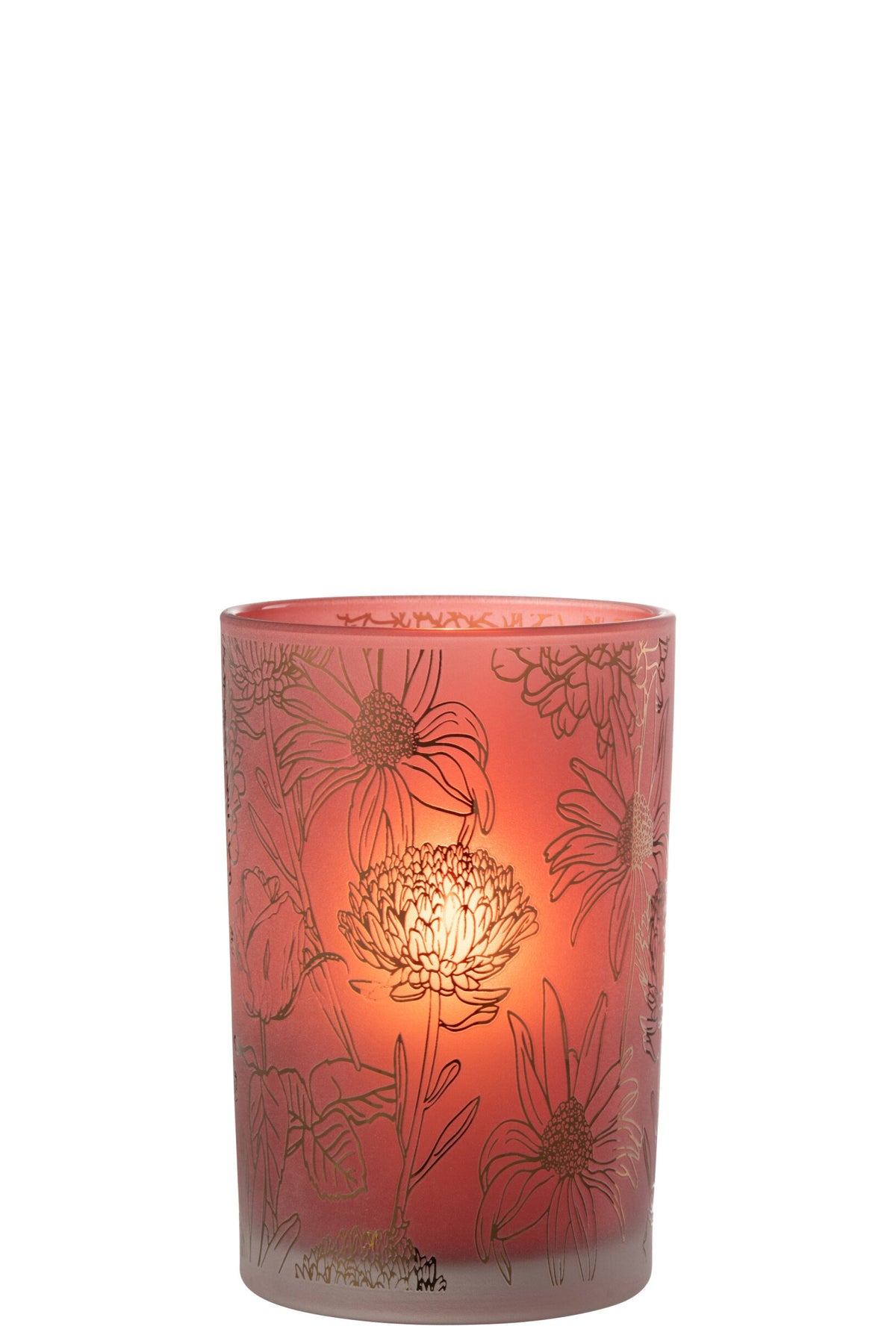 Windlicht Bloemen Glas Mat Rood/Goud Large