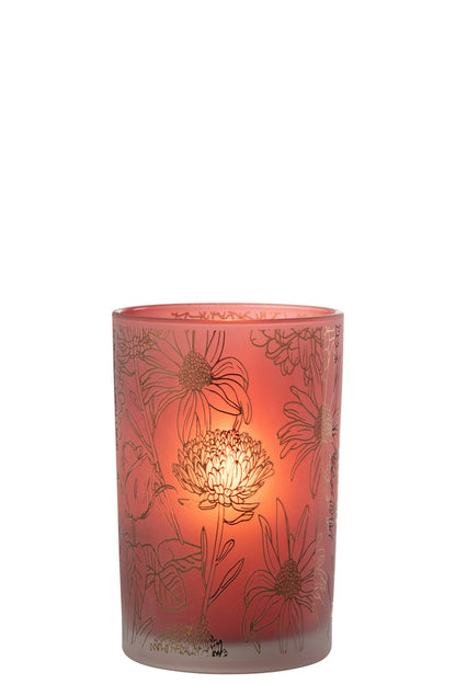 Windlicht Bloemen Glas Mat Rood/Goud Large