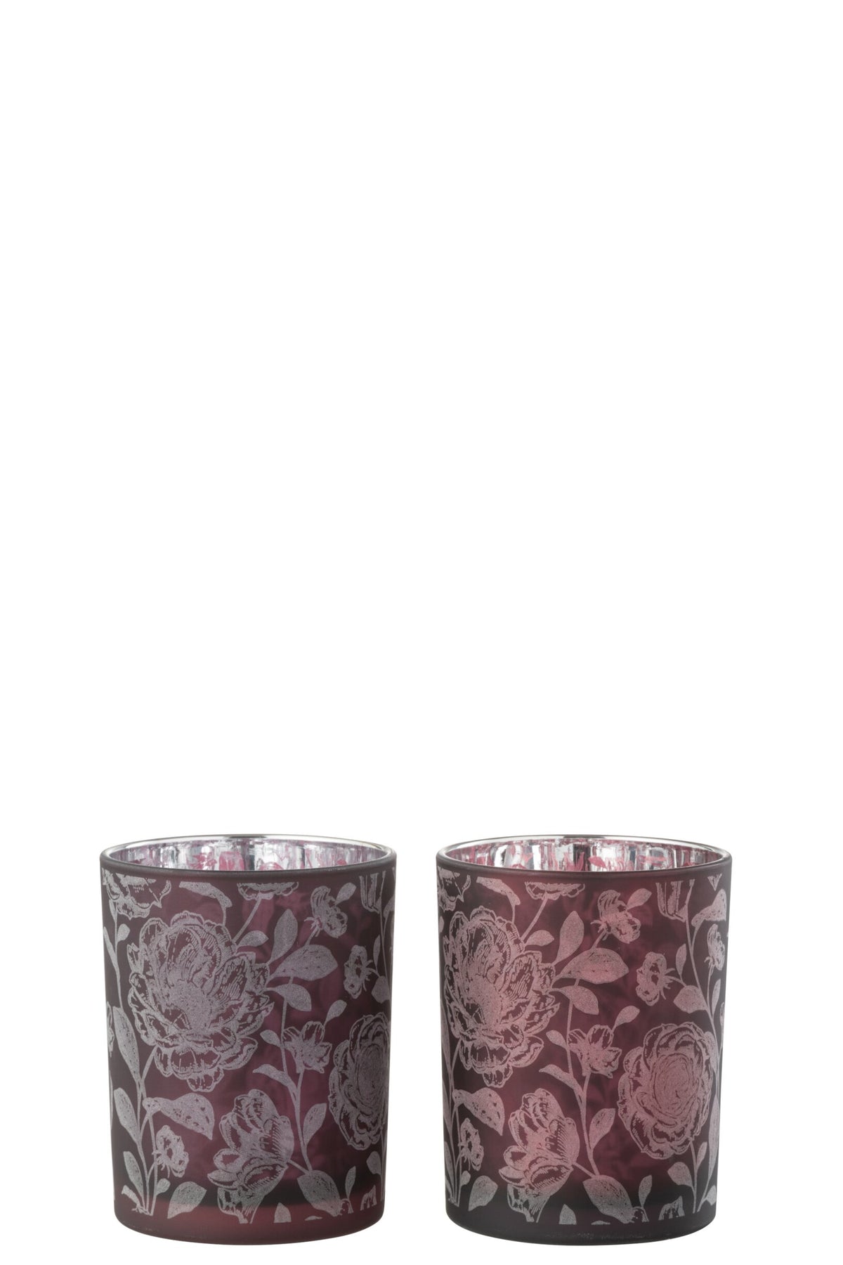 Windlicht Bloemen Glas Mat Paars Mix/Zilver Medium Assortiment Van 2
