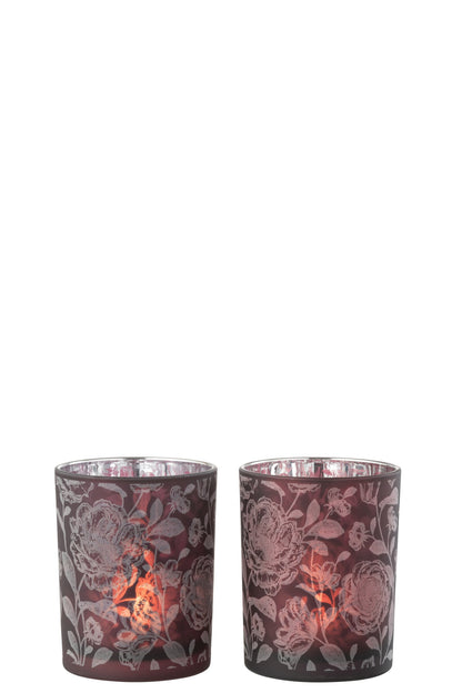 Windlicht Bloemen Glas Mat Paars Mix/Zilver Medium Assortiment Van 2
