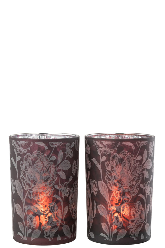 Windlicht Bloemen Glas Mat Paars Mix/Zilver Large Assortiment Van 2