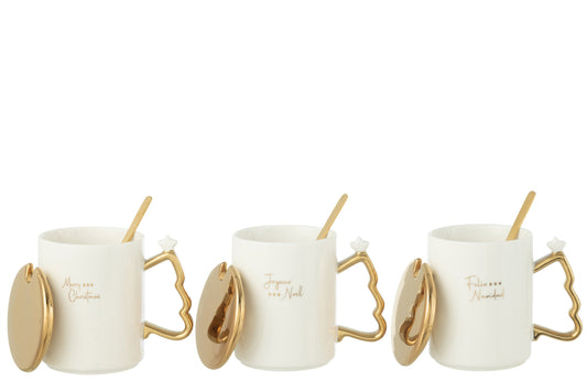 Mok + lepel kerst keramiek wit/goud assortiment van 3