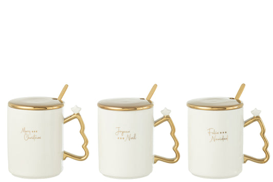 Mok + lepel kerst keramiek wit/goud assortiment van 3