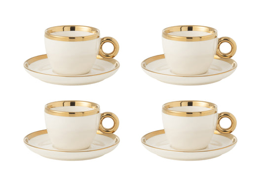 Set van 4 kop + schotel keramiek wit/goud