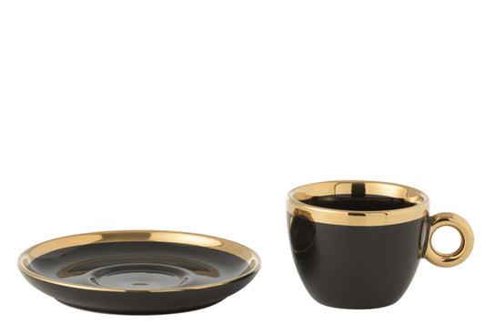 Set van 4 kop + schotel keramiek zwart/goud