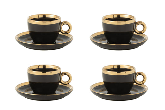 Set van 4 kop + schotel keramiek zwart/goud