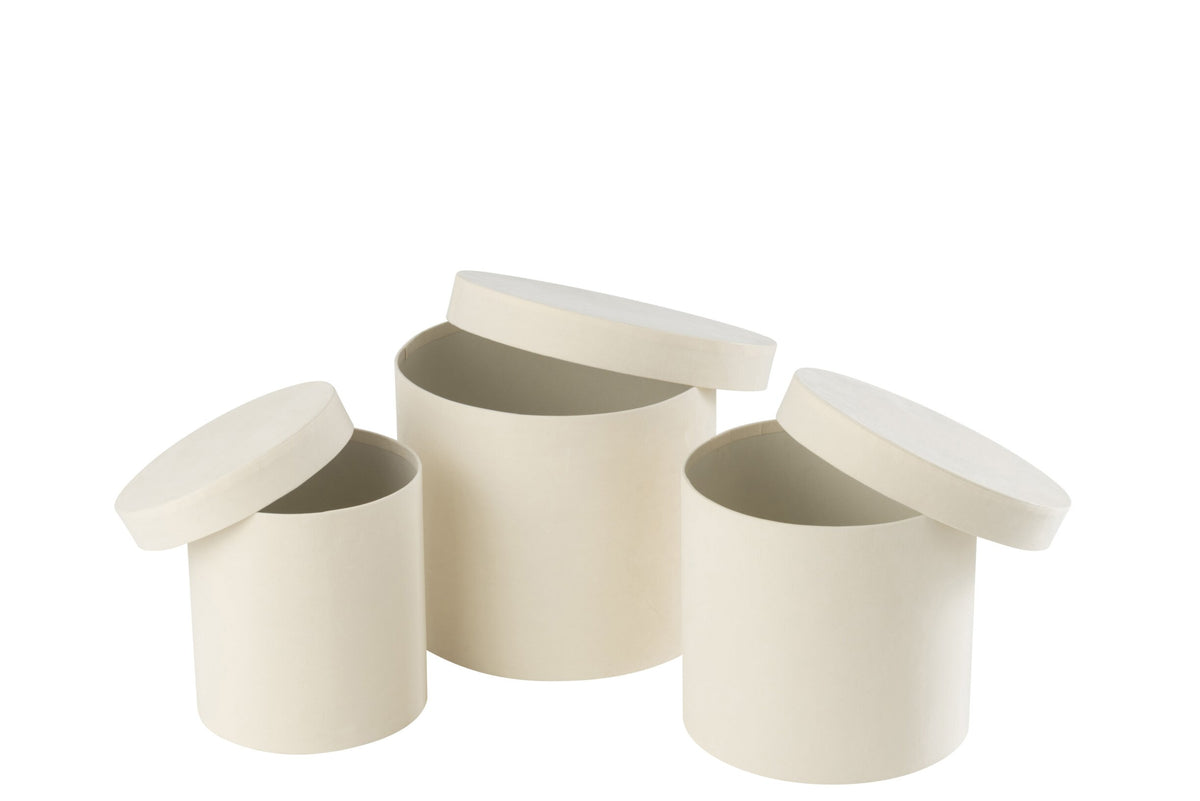 Set of 3 round white velvet paper boxes