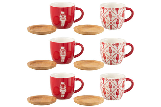 Set van 6 koffiekop + bamboe schotel notenkrakers vensterdoos keramiek rood