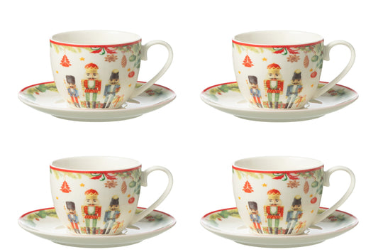 Set van 4 theekop + schotel notenkraker keramiek wit