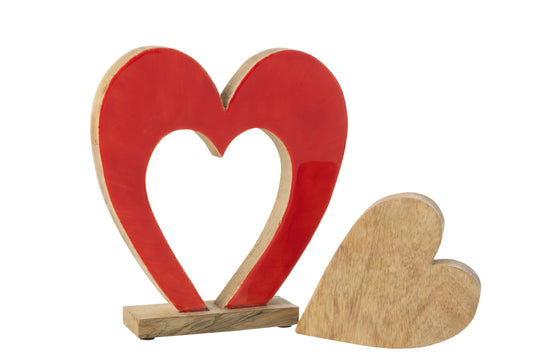 Heart Double On Stand Mango Wood Red/Natural Large
