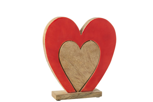 Heart Double On Stand Mango Wood Red/Natural Large